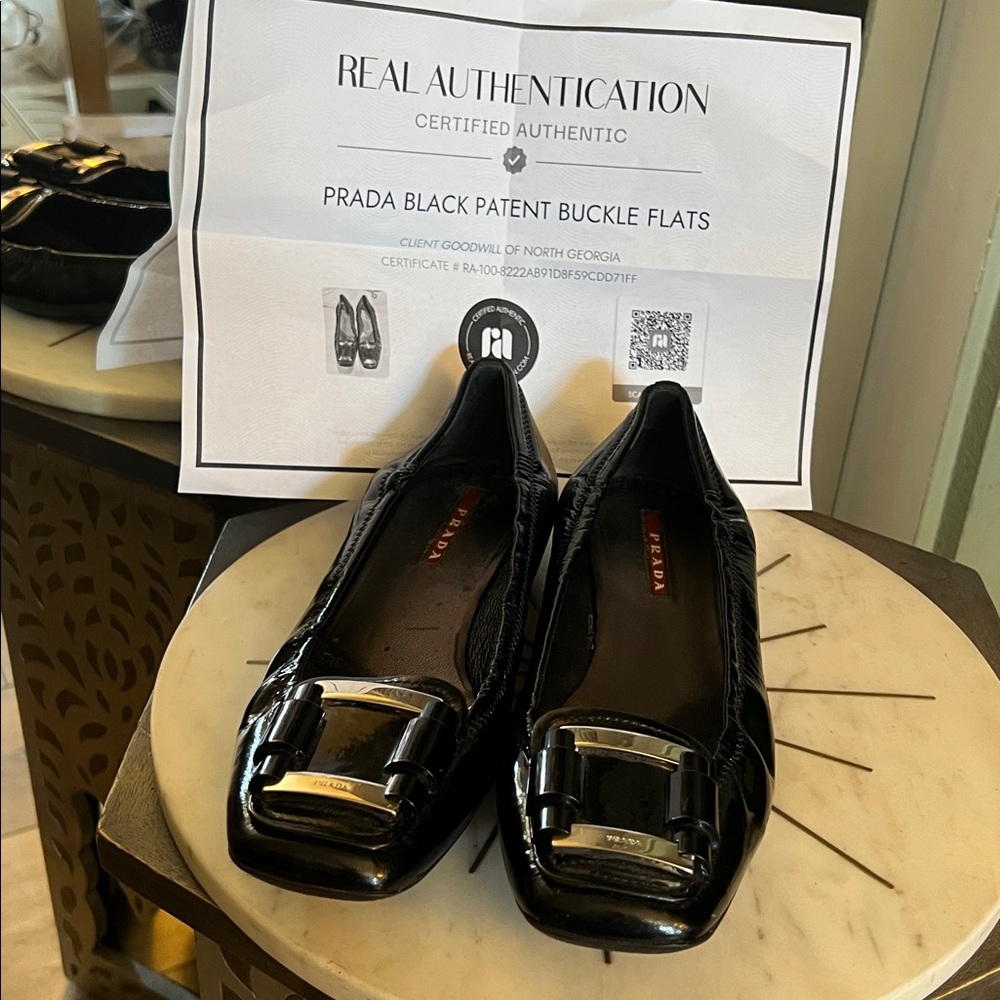 Prada Black, size 7.5 US, 38 EU, Patent Buckle Flats w/ Prada on buckle & COA